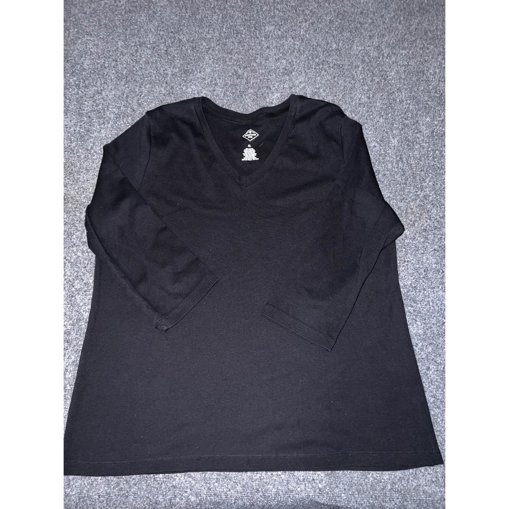 St Johns Bay Womens XL Black V-Neck Long Sleeve 100% Cotton T-Shirt Top
